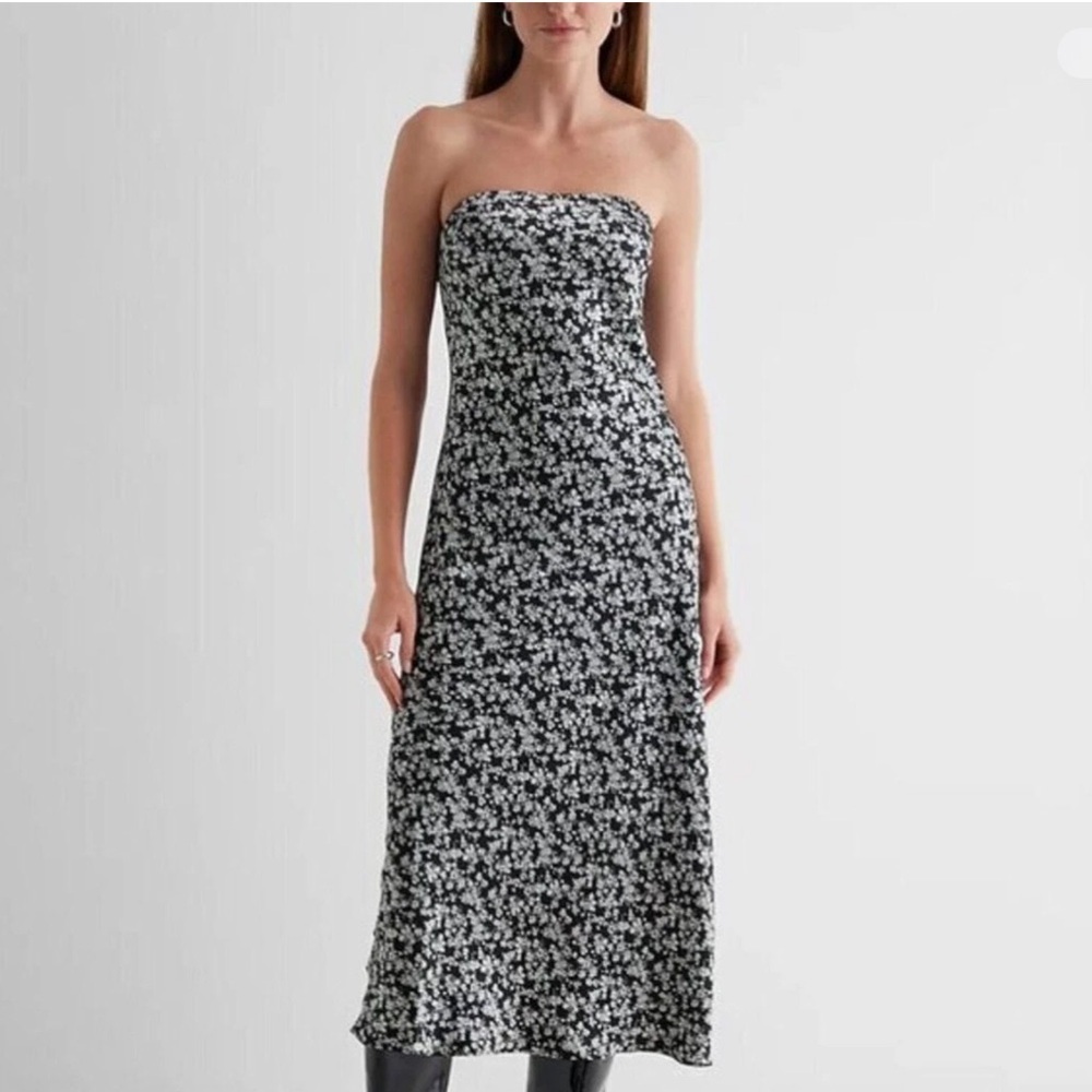 Express Silky Satin Black and White Floral Strapless Midi Dress